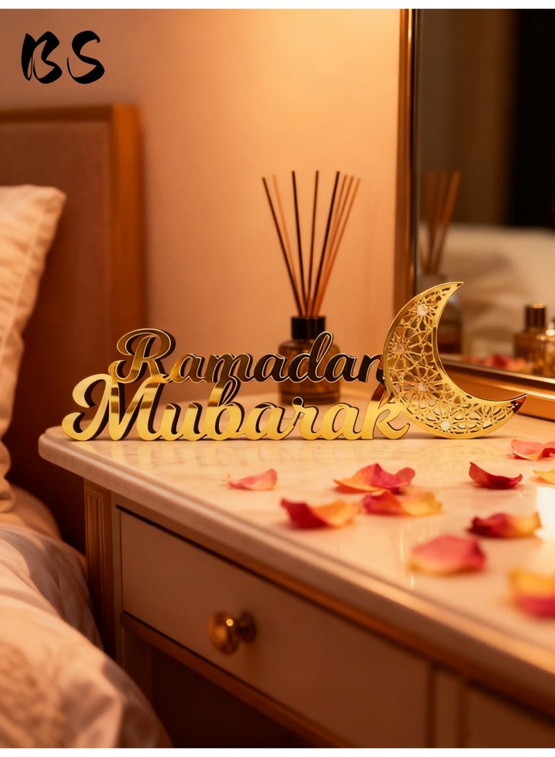 BS 2026 Ramadan Eid al-Fitr Decorative Sign | Wooden and Acrylic Material | Moon and Mosque Pattern | Islamic Muslim Style Tabletop Ornament | Gold 3D Letters | Indoor Home Party and Dining Table Decoration - Image 4